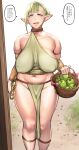  apple basket big_breasts blue_eyes bottomwear breasts clothing container dialogue elf eyelashes female food fruit green_clothing green_hair green_topwear hair holding_basket holding_container holding_object huge_breasts humanoid humanoid_pointy_ears japanese_text loincloth looking_at_viewer navel nipple_outline pepe_(jonasan) plant slightly_chubby solo speech_bubble talking_to_viewer tan_body tan_skin text thick_thighs topwear wide_hips 
