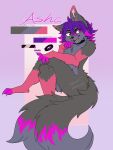  2_tails absurd_res ambiguous_gender anthro ashe_infinity canid canine collar fox fur grey_body grey_fur hair hi_res highlights_(coloring) infinity_symbol knightxayvion mammal multi_tail multicolored_body multicolored_fur multicolored_hair multicolored_tail open_mouth pink_body pink_fur pink_highlights purple_hair solo symbol tail 