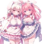  2girls :d animal_ears apron blue_dress blue_ribbon bow breasts cleavage closed_mouth commentary_request dress elbow_gloves frilled_apron frilled_dress frills gloves hair_ornament hair_ribbon hairclip juliet_sleeves large_breasts long_hair long_sleeves low_twintails maid maid_headdress multiple_girls original pink_dress pink_hair pleated_dress puffy_sleeves rabbit_ears red_bow red_eyes ribbon sakura_(usashiro_mani) simple_background skirt_hold sleeveless sleeveless_dress smile thighhighs twintails two_side_up usashiro_mani very_long_hair white_apron white_background white_gloves white_hair white_thighhighs 