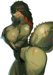  1girl absurdres black_hair breasts claws closed_mouth colored_skin covering_breasts covering_privates cropped_legs deviljho exposed_muscle fangs from_side glowing glowing_eyes green_skin highres large_breasts looking_at_viewer medium_hair miao_jiangyou monster_girl monster_hunter_(series) multiple_scars personification red_eyes scales scar solo spikes tail thick_thighs thighs unsure white_background 