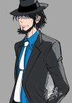  1boy beard black_hair black_headwear black_jacket blue_shirt closed_mouth collared_shirt dated facial_hair fedora grey_background grey_eyes hair_over_one_eye hand_in_pocket hat highres jacket jigen_daisuke long_sideburns long_sleeves looking_at_viewer lupin_iii male_focus michio_(hara78994098) necktie shirt short_hair sideburns signature simple_background smile solo upper_body white_necktie 