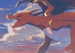  charizard claws closed_eyes cloud commentary fangs flying highres horns mo~zu no_humans open_mouth outdoors pokemon pokemon_(creature) sky solo symbol-only_commentary tongue 
