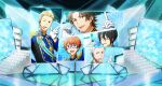  5boys aoi_kyosuke black_hair blonde_hair blue_eyes brown_hair facial_hair glasses gloves goatee hair_between_eyes headset highres idolmaster idolmaster_side-m idolmaster_side-m_growing_stars ijuuin_hokuto index_finger_raised kuzunoha_amehiko male_focus multiple_boys official_art one_eye_closed open_mouth orange_eyes orange_hair purple_eyes sakuraba_kaoru smile stairs white_gloves yamashita_jiro 