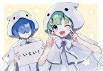  1boy 1girl blue_hair blush bow brother_and_sister dot_nose eyelashes ghost_costume green_hair hair_over_breasts holding holding_sign hood hood_up kashima_miyako one_eye_closed open_mouth puyopuyo puyopuyo_fever rei_(puyopuyo) short_hair siblings sign star_(symbol) translated twins v white_bow yu_(puyopuyo) 