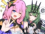  +++ 2girls ;d black_gloves blue_eyes breasts cleavage commentary_request dress elysia_(honkai_impact) fopasu gloves green_eyes green_hair hair_intakes honkai_(series) honkai_impact_3rd long_hair long_sleeves looking_at_viewer medium_breasts mobius_(honkai_impact) multiple_girls nail_polish one_eye_closed parted_lips pink_hair pink_nails pointy_ears simple_background smile spoken_squiggle squiggle v white_background white_dress wide_sleeves 