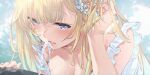  1girl absurdres aizawa_ema blonde_hair blue_eyes blush breasts cleavage collarbone drinking drinking_fountain flower ga/ddd hair_flower hair_ornament hand_in_own_hair highres parted_lips sidelocks solo virtual_youtuber vspo! water 