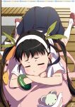  1girl absurdres backpack bag bandaid bandaid_on_knee bandaid_on_leg beak black_hair blue_skirt child closed_eyes commentary crossed_arms dot_nose from_above furrowed_brow green_bracelet green_ribbon hachikuji_mayoi hair_ribbon hairband highres kneeling light_blush long_hair lying makicha_(sasurainopink) monogatari_(series) on_stomach pier pink_bag puckered_lips red_footwear resting ribbon shirt shoe_dangle short_bangs short_sleeves sidelocks skirt socks solo stuffed_animal stuffed_toy suspender_skirt suspenders teddy_bear top-down_bottom-up twintails white_hairband white_shirt white_socks 