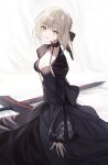  1girl artoria_pendragon_(fate) black_bow black_choker black_dress black_ribbon blonde_hair bow braid breasts choker cleavage collarbone commentary dress excalibur_morgan_(fate) fate/grand_order fate/stay_night fate_(series) french_braid frills hair_between_eyes hair_bow hair_bun hair_ribbon highres juliet_sleeves long_sleeves looking_at_viewer open_mouth parted_lips pttyr puffy_sleeves ribbon saber_alter short_hair sidelocks single_hair_bun small_breasts solo sword weapon white_background wide_sleeves yellow_eyes 