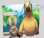  anthro blonde_hair brown_eyes buck_colton_(thehumancopier) dialogue disney duo english_text equid equine eyebrows fur green_eyes grey_body grey_fur hair hand_on_shoulder horse lagomorph leporid male mammal outside rabbit speech_bubble stu_hopps tan_body tan_fur text thehumancopier zootopia 