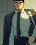  1boy bara belt black_hair blush collared_shirt cowboy_shot facial_hair formal goatee large_pectorals looking_at_viewer male_focus muscular muscular_male original pectorals r.l_(2089184064) salaryman shirt shirt_tucked_in short_hair solo suit thick_eyebrows 