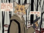  anthro blood bodily_fluids clothing dialogue english_text eyebrows felid feline forest forest_background fur gun hemuchang hi_res hoodie inner_ear_fluff leopardus male mammal nature nature_background ocelot plant ranged_weapon red_eyes solo speech_bubble text topwear tree tuft weapon yellow_body yellow_fur 
