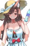  1girl alternate_costume animal_ears bottle brown_eyes brown_hair brown_headwear commentary english_commentary hat highres holding holding_bottle imaizumi_kagerou long_hair looking_at_viewer plastic_bottle simple_background smile solo straw_hat touhou upper_body vanilla_flan white_background wolf_ears wolf_girl 