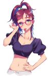  1girl blue_hair blush breasts brown_hair cleavage crop_top glasses green_eyes hand_on_own_hip high_ponytail highres kunikune looking_at_viewer medium_breasts midriff mole mole_under_mouth multicolored_hair navel original ponytail puffy_short_sleeves puffy_sleeves red-framed_eyewear short_sleeves simple_background solo tongue tongue_out white_background 