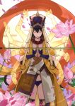 1girl bead_necklace beads black_hair closed_eyes earrings fate/grand_order fate_(series) flower hagoromo hair_rings hat hoop_earrings jewelry kdm_(ke_dama) long_hair lotus meditation necklace palms_together petals praying shawl staff thighhighs xuangzang_sanzang_(fate) 