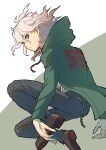  1boy absurdres black_pants blue_eyes chain danganronpa_(series) danganronpa_2:_goodbye_despair from_side green_background green_jacket grey_hair hair_between_eyes highres hood hood_down hooded_jacket jacket komaeda_nagito long_sleeves looking_at_viewer male_focus messy_hair pants shirt skull_ornament solo white_background white_shirt youko-shima 