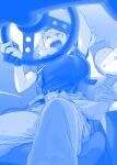  1boy 1girl blue_theme breasts clenched_teeth driving faceless faceless_male fang fingerless_gloves getsuyoubi_no_tawawa gloves hat highres himura_kiseki large_breasts mechanic open_mouth pants seatbelt shirt steering_wheel sweat teeth 
