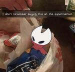  1girl absurdres alicezakat bag black_eyes black_skin blank_eyes chibi cloak colored_skin commentary disembodied_limb english_commentary english_text full_body high_collar highres holding holding_bag hollow_knight hornet_(hollow_knight) meme mini_person minigirl photo_background plastic_bag pov red_cloak sitting snapchat solo_focus 