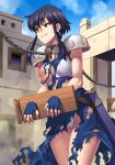  1girl 1other armor black_hair blue_dress blue_gloves breasts broken_armor building cameltoe chain chain_leash clenched_teeth day defeat dress earrings fingerless_gloves fire_emblem fire_emblem:_genealogy_of_the_holy_war gattsun gloves humiliation jewelry larcei_(fire_emblem) leash medium_breasts nipples one_breast_out outdoors panties pauldrons scabbard sheath short_hair_with_long_locks shoulder_armor slave solo_focus stocks teeth torn_clothes underwear walking 