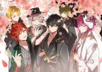  2you 6+boys a_(dear_vocalist) absurdres bishounen black_hair blonde_hair cherry_blossoms dear_vocalist facing_to_the_side fox_mask green_hair grey_eyes grey_hair hat highres hryc2344 japanese_clothes joshua_(dear_vocalist) judah_(dear_vocalist) kimono long_sleeves looking_at_viewer male_focus mask mask_on_head momochi_(dear_vocalist) multiple_boys one_eye_closed pink_hair purple_eyes re-o-do red_hair short_hair yellow_eyes yukata 