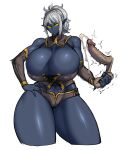  1girl blue_skin breasts colored_sclera colored_skin cum dark_elf dark_skin disembodied_penis elf highres huge_breasts large_penis no_pupils non-web_source original penis pointy_ears ponytail solo spacezin squeezing_testicles testicle_grab testicles thick_thighs thighs twitching white_background white_hair wide_hips yellow_eyes yellow_sclera 