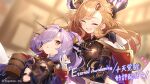  2girls :o armor beer_mug blush breastplate brown_hair cape closed_eyes cup english_text gloves granblue_fantasy hair_ornament hair_over_one_eye hair_stick harvin head_wings highres long_hair looking_at_another mug multiple_girls niyon_(granblue_fantasy) official_art pauldrons pointy_ears purple_hair red_cape shadowverse shoulder_armor smile translation_request tweyen_(granblue_fantasy) two-tone_cape white_cape white_gloves 