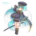  1girl alexi_(tits!) asagi_(bombergirl) bombergirl breasts cape green_hair hat huge_breasts impossible_clothes impossible_shirt large_breasts looking_at_viewer shirt short_hair shortstack skirt solo sword tail tight_clothes tight_shirt weapon yellow_eyes 