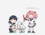  3girls ahoge arthropod bag black_hair crustacean dress horns kantai_collection lobster multiple_girls northern_ocean_princess orange_eyes pink_hair saiguchi_otoufu sazanami_(kancolle) school_uniform serafuku smile turtle twintails ushio_(kancolle) white_dress white_hair wrist_cuffs 