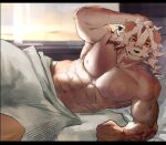  2023 absurd_res anthro arknights arm_tattoo bed bedding blanket canid canine canis clothed clothing domestic_dog furniture hair hi_res horn hung_(arknights) hypergryph looking_at_viewer male mammal muscular muscular_anthro muscular_male on_bed red_hair red_horn solo studio_montagne tattoo topless topless_anthro topless_male white_hair 
