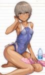  1girl adjusting_hair armpits bare_legs barefoot blue_one-piece_swimsuit bottle breasts brown_eyes collarbone commentary competition_swimsuit covered_navel dark-skinned_female dark_skin drink grey_hair hair_between_eyes highres isshi_pyuma lined_paper looking_at_viewer mole mole_under_eye on_ground one-piece_swimsuit original short_hair sitting small_breasts smile solo swimsuit tomboy towel twitter_username two-tone_swimsuit very_short_hair water_bottle white_one-piece_swimsuit yokozuwari 