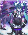  1girl aqua_hair bare_shoulders black_thighhighs detached_sleeves ghost ghost_miku_(project_voltage) glitch gradient_hair grey_shirt gunjou_row hair_between_eyes hatsune_miku highres long_hair mismagius multicolored_hair necktie pale_skin pokemon pokemon_(creature) project_voltage see-through see-through_skirt shirt skirt sleeves_past_fingers sleeves_past_wrists thighhighs twintails very_long_hair vocaloid will-o&#039;-the-wisp_(mythology) yellow_eyes 