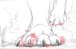  2014 anthro big_feet canid canine claws demon destruction deviltod feet foot_crush foot_focus fox fur greyscale group kencougr macro male mammal micro monochrome outside park paws running scared sketch solo solo_focus stomping toe_claws toes 