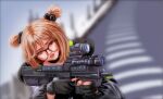  1girl absurdres alternate_eyewear bad_gun_anatomy black_gloves black_jacket blurry blurry_background brown-framed_eyewear brown_eyes brown_nails bullpup commentary day double-parted_bangs double_bun english_commentary eyeliner fingerless_gloves fingernails girls&#039;_frontline glasses gloves gun hair_bun head_tilt highres holding holding_gun holding_weapon hood hood_down hooded_jacket jacket lips lipstick long_sleeves looking_ahead looking_to_the_side makeup medium_hair nail_polish optical_sight outdoors p90 p90_(girls&#039;_frontline) red_lips road round_eyewear sashimi_chan solo submachine_gun trigger_discipline upper_body weapon 