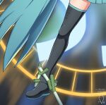  1girl aqua_hair artist_logo black_thighhighs boots chain chained close-up commentary dated digiral english_commentary exodia_the_forbidden_one glowing hatsune_miku highres long_hair magic_circle miniskirt out_of_frame parody piano_print pleated_skirt skindentation skirt solo spring_onion thigh_boots thighhighs very_long_hair vocaloid yu-gi-oh! zettai_ryouiki 