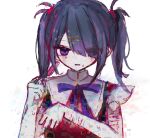  1girl ame-chan_(needy_girl_overdose) black_hair bleeding blood collared_shirt glitch hair_ornament hair_over_one_eye hair_tie hands_up highres holding_razor injury komachi_(mizorez1) long_hair looking_at_viewer neck_ribbon needy_girl_overdose open_mouth purple_eyes purple_ribbon red_shirt ribbon self-harm self-harm_scar shirt simple_background solo suspenders sweatdrop tearing_up twintails upper_body white_background wrist_cutting x_hair_ornament 