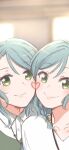  2girls aqua_hair bang_dream! bow braid green_eyes hair_bow heads_together heart highres hikawa_hina hikawa_sayo incest jewelry looking_at_viewer medium_hair multiple_girls necklace selfie shirt siblings signature sisters smile textless_version twin_braids twincest twins white_shirt xin_(blueramen) yuri 