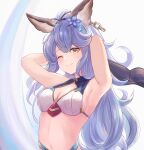  animal_ears armpits arms_up bikini blue_flower blue_hair breasts cleavage erune ferry_(granblue_fantasy) ferry_(summer)_(granblue_fantasy) flower granblue_fantasy hair_flower hair_ornament leonmandala long_hair looking_at_viewer medium_breasts official_alternate_costume one_eye_closed rabbit_ears sideboob smile solo swimsuit upper_body wavy_hair white_background white_bikini 