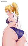  1girl absurdres ass ass_focus ayase_eli bangs bare_arms blonde_hair blue_bra blue_eyes blue_panties box_wonderland bra breasts cowboy_shot english_commentary floral_print from_behind hair_ornament hair_scrunchie hand_on_hip highres large_breasts long_hair looking_at_viewer looking_back looking_down love_live! love_live!_school_idol_project panties ponytail print_bra print_panties profile rose_print scrunchie shoulder_blades sideboob simple_background solo standing twitter_username underwear underwear_only white_background white_scrunchie 