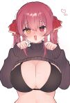  1girl :d absurdres artist_name black_bra blush bow bra breasts collared_shirt commentary_request curvy furrowed_brow hair_between_eyes hand_in_own_hair hands_up heart heart-shaped_pupils heterochromia highres hololive houshou_marine large_breasts long_sleeves looking_at_viewer meiwowowo messy_hair midriff navel paw_pose red_bow red_eyes red_hair shirt short_twintails sidelocks simple_background smile solo sweat sweater sweating_profusely symbol-shaped_pupils translucent_hair turtleneck turtleneck_sweater twintails twitter_username underwear undressing upper_body virtual_youtuber white_background yellow_eyes 