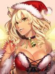  1girl animal_ear_fluff animal_ears bare_shoulders bell blonde_hair breasts cleavage collarbone dark-skinned_female dark_skin detached_sleeves energy_wings fate/grand_order fate/grand_order_arcade fate_(series) fox_ears fox_girl fur_trim hat highres large_breasts long_hair looking_at_viewer neck_bell parted_lips red_headwear santa_costume santa_hat smile solo suzuka_gozen_(fate) suzuka_gozen_(santa)_(fate) takenoko_seijin tan wide_sleeves yellow_eyes 