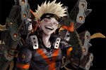  1boy alternate_eye_color ammunition_belt arm_at_side arm_up baggy_pants bakugou_katsuki bangs_pinned_back belt_feed birthday black_background black_mask black_pants blonde_hair blush boku_no_hero_academia cable chimi_(2303hero) commentary_request cropped explosive eye_mask gloves green_gloves grenade gun happy head_tilt high_collar highres korean_commentary looking_at_viewer machine_gun male_focus mask mask_lift mask_on_head official_alternate_costume open_collar open_mouth orange_eyes orange_gloves pants sanpaku shell_casing short_hair sideways_glance simple_background single_horizontal_stripe smile solo sparkle spiked_hair spoilers sweat teeth tsurime two-tone_gloves undershirt upper_body weapon wrist_guards x 