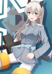  1girl absurdres animal_ears belt_pouch blue_background blue_jacket blush breasts eila_ilmatar_juutilainen emu_1316 fox_ears fox_tail gun hair_between_eyes highres holding holding_gun holding_weapon jacket long_hair long_sleeves looking_at_viewer machine_gun medium_breasts mg42 open_mouth pantyhose pouch purple_eyes smile solo strike_witches tail weapon white_hair white_pantyhose world_witches_series 