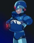  1boy arm_cannon armor body_armor bodystocking forehead_jewel gauntlets gloves glowing glowing_weapon green_eyes hand_on_weapon helmet light_frown looking_to_the_side male_focus mega_man_(series) mega_man_x_(series) phfr3843 shoulder_armor simple_background weapon x_(mega_man) 