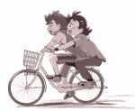  2boys :d antenna_hair ash_ketchum bicycle bicycle_basket blush commentary_request from_side goh_(pokemon) happy holding male_focus matsuno_opa multiple_boys open_mouth pants pokemon pokemon_(anime) pokemon_journeys riding riding_bicycle shirt shoes short_hair short_sleeves shorts smile socks t-shirt tongue vest 