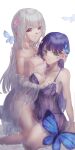  2girls absurdres arm_at_side assault_lily asymmetrical_docking babydoll bare_arms bare_shoulders blue_babydoll blue_butterfly blue_panties blurry blurry_foreground bra breast_press breasts bug butterfly butterfly_hair_ornament cleavage closed_mouth collarbone falling_petals feet_out_of_frame flower funada_kiito funada_ui green_eyes grey_hair hair_ornament hand_on_another&#039;s_chest hand_on_another&#039;s_head hands_up head_on_chest highres incest jiropi kneeling large_breasts lingerie long_hair looking_at_viewer looking_to_the_side multiple_girls off_shoulder panties petals pink_flower purple_eyes purple_hair see-through siblings simple_background sisters strap_slip tassel tassel_hair_ornament underwear underwear_only white_background white_bra yuri 