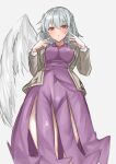  1girl :/ absurdres angel_wings breasts brooch closed_mouth commentary_request dress from_below grey_background grey_hair hair_between_eyes hands_up highres jacket jewelry kishin_sagume kuraki large_breasts looking_at_viewer medium_hair purple_dress red_eyes simple_background single_wing solo touhou wings 