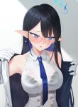  1girl black_bra black_hair blue_archive blue_eyes bra bra_visible_through_clothes commentary english_commentary glasses gloves highres kurisu-kun long_hair looking_to_the_side pointy_ears rin_(blue_archive) solo underwear upper_body white_gloves 