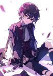  1boy black_bow black_hair black_jacket black_pants bow closed_mouth flower hair_flower hair_ornament jacket looking_at_viewer mahoutsukai_no_yakusoku male_focus neck_ribbon pants petals red_flower red_rose red_vest ribbon rose shirt sitting smile snow_(mahoutsukai_no_yakusoku) solo vest white_background white_shirt yellow_eyes yuui1994 