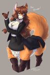  2022 5_fingers breasts canid canid_taur canine canine_taur clothing collar digital_media_(artwork) digital_painting_(artwork) female fingers fluffy fluffy_tail fox fox_taur fur furgonomics hair hi_res legwear looking_at_viewer mammal mammal_taur orange_body orange_fur quadruped red_eyes shaded soft_shading solo suit tail taur taur_clothing thigh_highs wmdiscovery93 