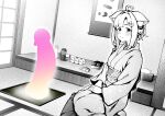  1girl ahoge animal_ear_fluff animal_ears blush cat_ears cat_girl closed_mouth cushion dildo gaming_penis_ikebana_(meme) glowing_dildo greyscale hair_ornament heart heart_ahoge highres hitachi_magic_wand japanese_clothes kemomimi_refle! kimono long_sleeves looking_at_viewer lotion_bottle meme monochrome nekoma_karin obi on_floor sash sex_toy sitting solo spot_color tatami tenga tkhs vibrator virtual_youtuber wide_sleeves 