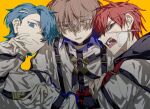  3boys ash_(ash_proc) bandaid bandaid_on_face black_choker black_garter_straps blue_eyes blue_hair brown_eyes choker closed_mouth eyepatch facing_to_the_side facing_viewer garter_straps grey_eyes highres kajiyama_fuuta kayano_mikoto looking_at_viewer male_focus milgram multiple_boys open_mouth red_hair sakurai_haruka_(milgram) straitjacket teeth twitter_username yellow_background 